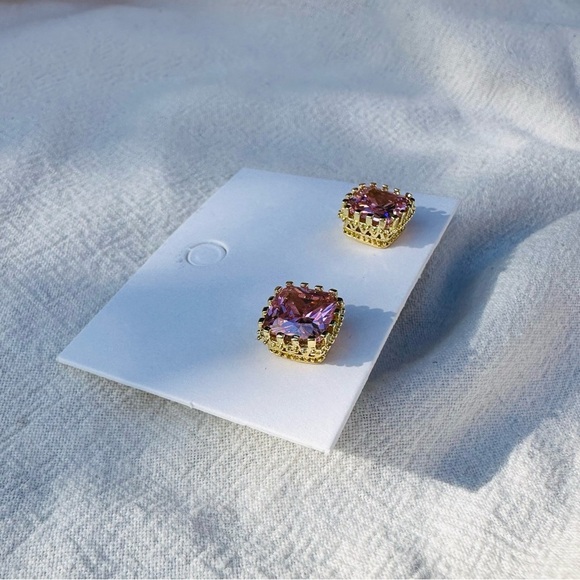 Simulated Pink Sapphire Princess Cut CZ Studs - Picture 7 of 10